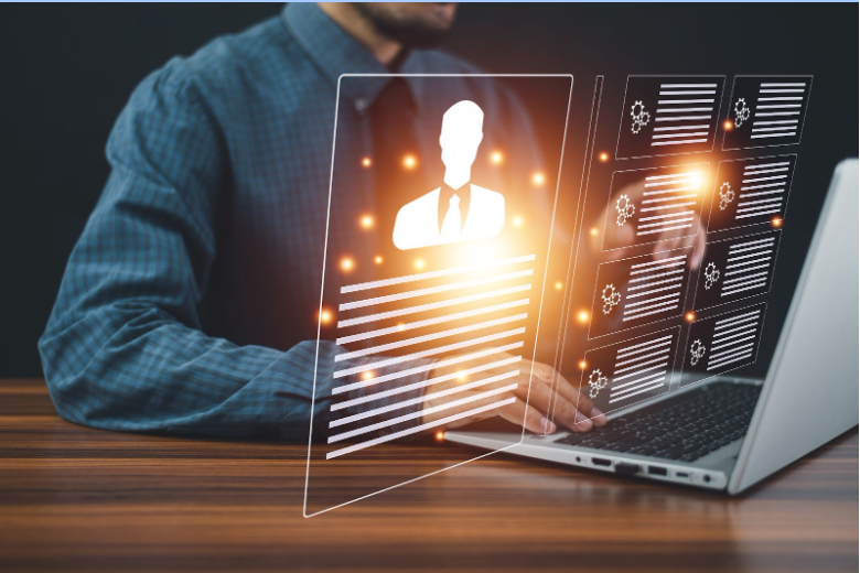 AI resume screening interface on laptop with digital candidate profiles